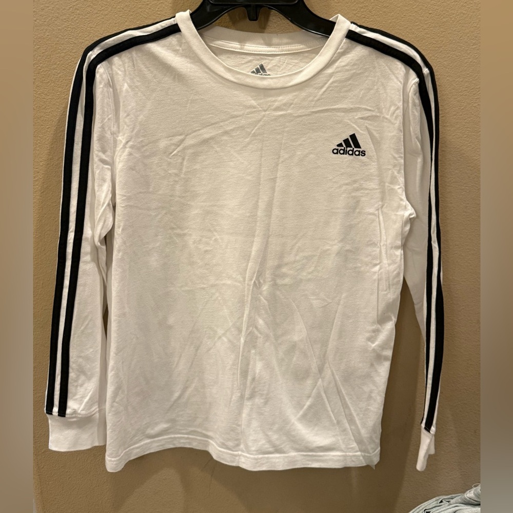 Adidas KIDS White Long Sleeve Tee with Black Stripes-/10-12 boys